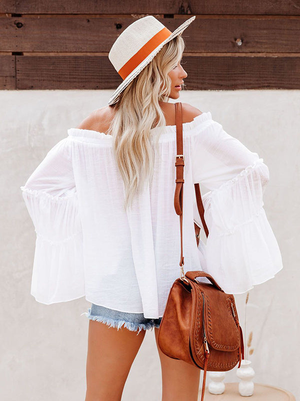 flowersverse Urban Solid Color Pleated Puff Sleeves Off-The-Shoulder Blouse