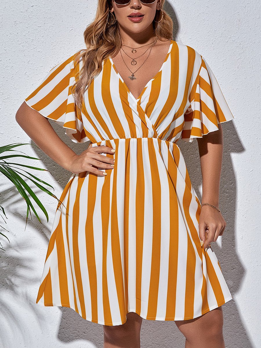 flowersverse Holiday Short Sleeve V Neck A-line Weaving Dress