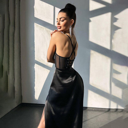 flowersverse Women Sexy Strapless Backless Strap Mesh Patchwork Slit Evening Dress