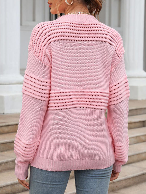 flowersverse Hollow Solid Color Long Sleeves Loose Round-Neck Sweater Tops Pullovers Knitwear