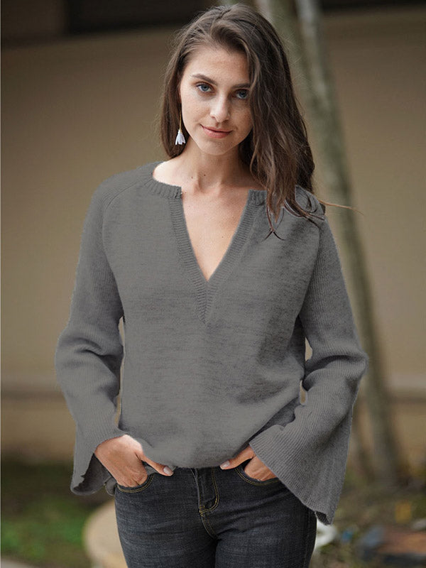 flowersverse Casual Long Sleeves Loose Solid Color V-Neck Sweater Tops