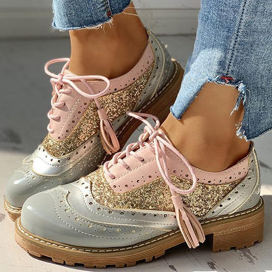 flowersverse Lace-Up Sequins Insert Chunky Heeled Boots