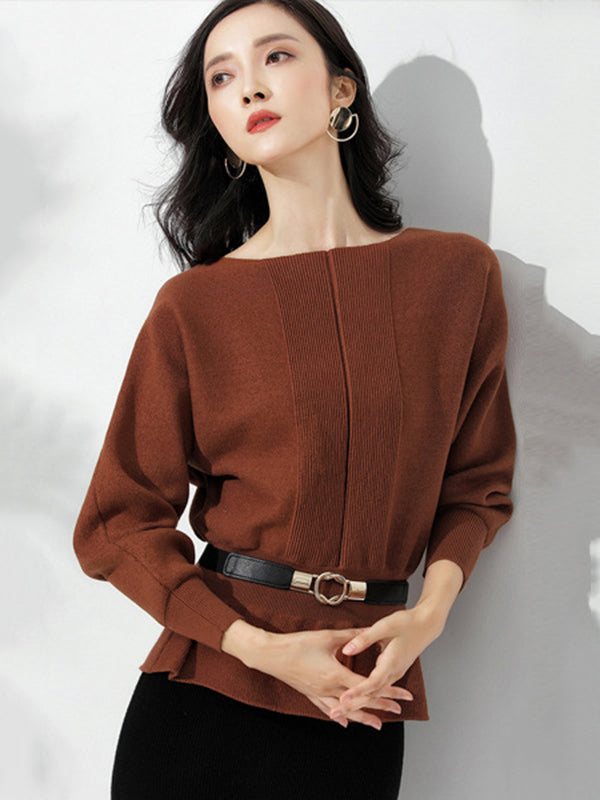 flowersverse Casual Long Sleeves Solid Color Boat Neck Tunic Sweater Tops