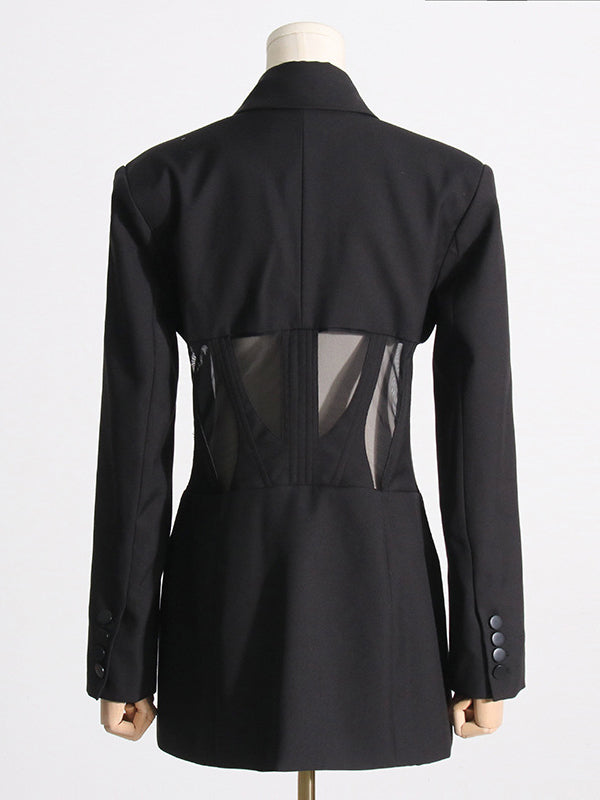 flowersverse Buckle Gauze See-Through Solid Color Split-Joint Long Sleeves Notched Collar Blazer