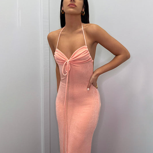 flowersverse Summer Ladies Long Dress Solid Color Sexy Low Back Straps Halter Bodycon Dress