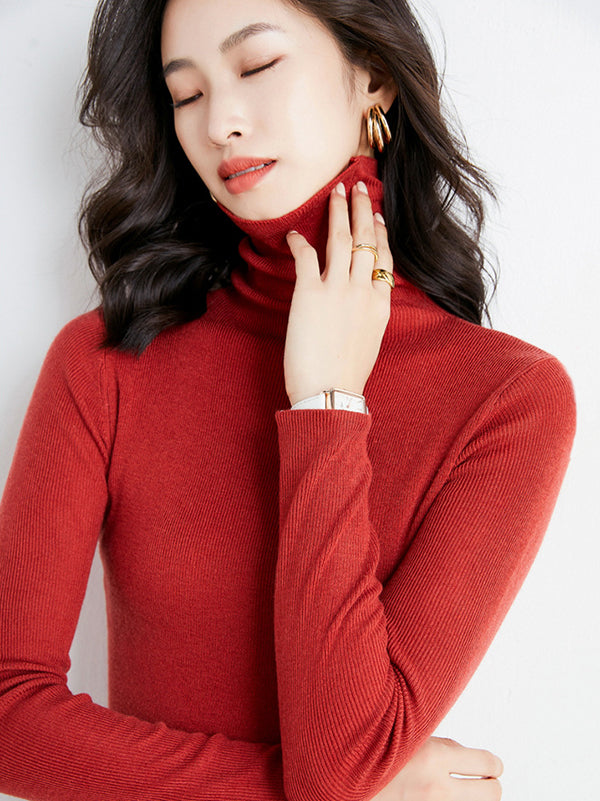 flowersverse Simple Skinny Long Sleeves Solid Color High-Neck Sweater Tops Pullovers