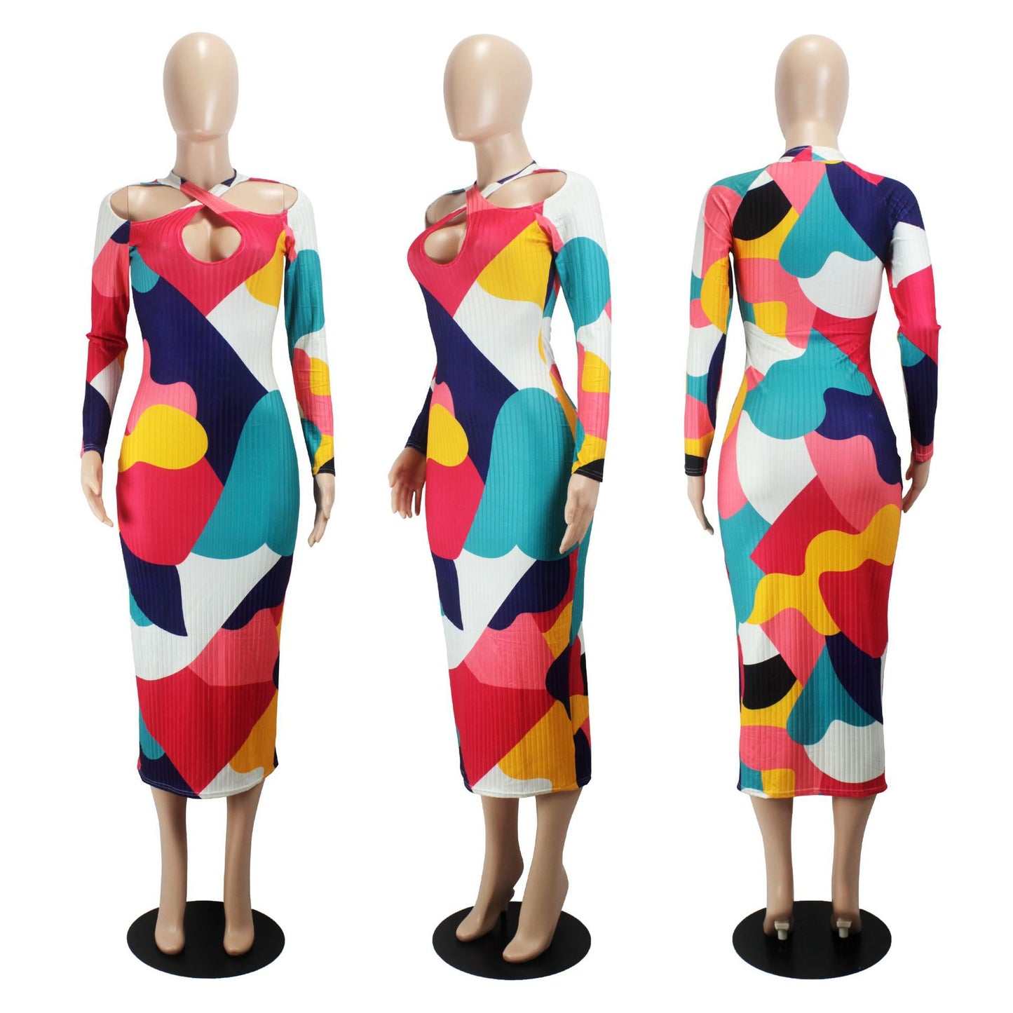 flowersverse Women's Multi-Color Ribbed Long Sleeves Midi Bodycon Dress