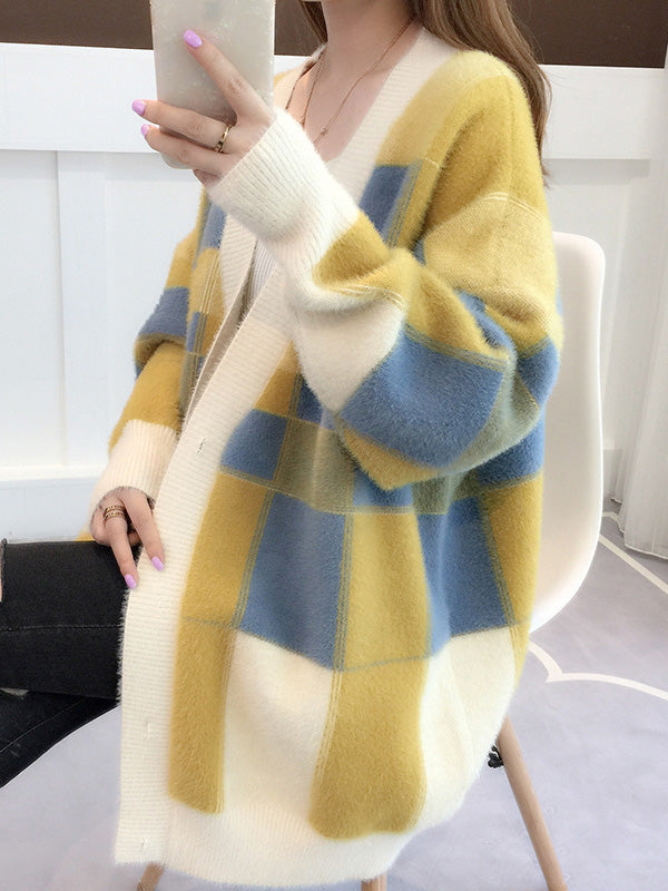 flowersverse Casual Long Sleeves Loose Buttoned Contrast Color Plaid Deep V-Neck Sweater Tops Cardigan Coats