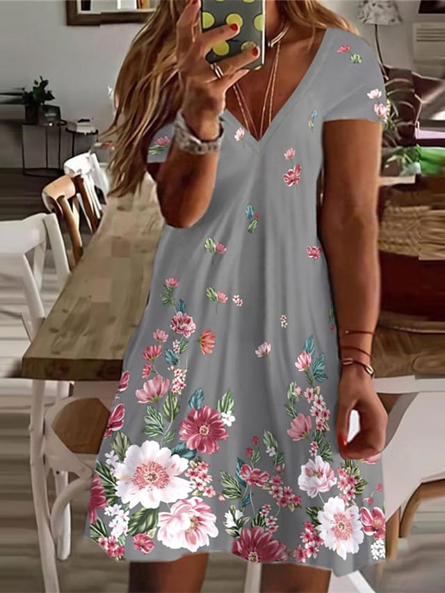 flowersverse Women's Plus Size Curve A Line Dress Floral V Neck Short Sleeve Spring Summer Casual Short Mini Dress Causal Daily Dress