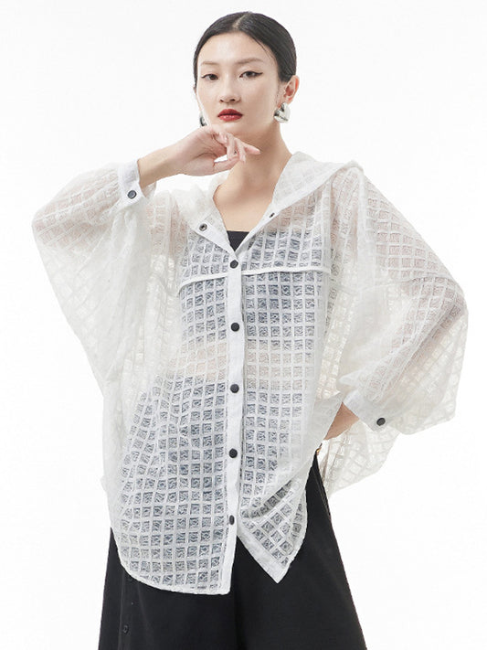 flowersverse Loose Batwing Sleeves Sun Protection See-Through Blouse