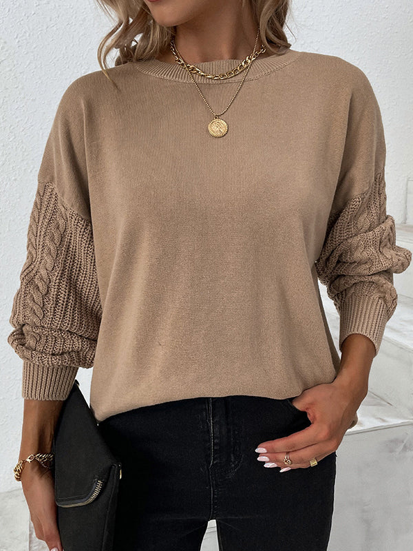 flowersverse Knitted Twist Long Sleeves Solid Color Round-Neck Sweater Tops