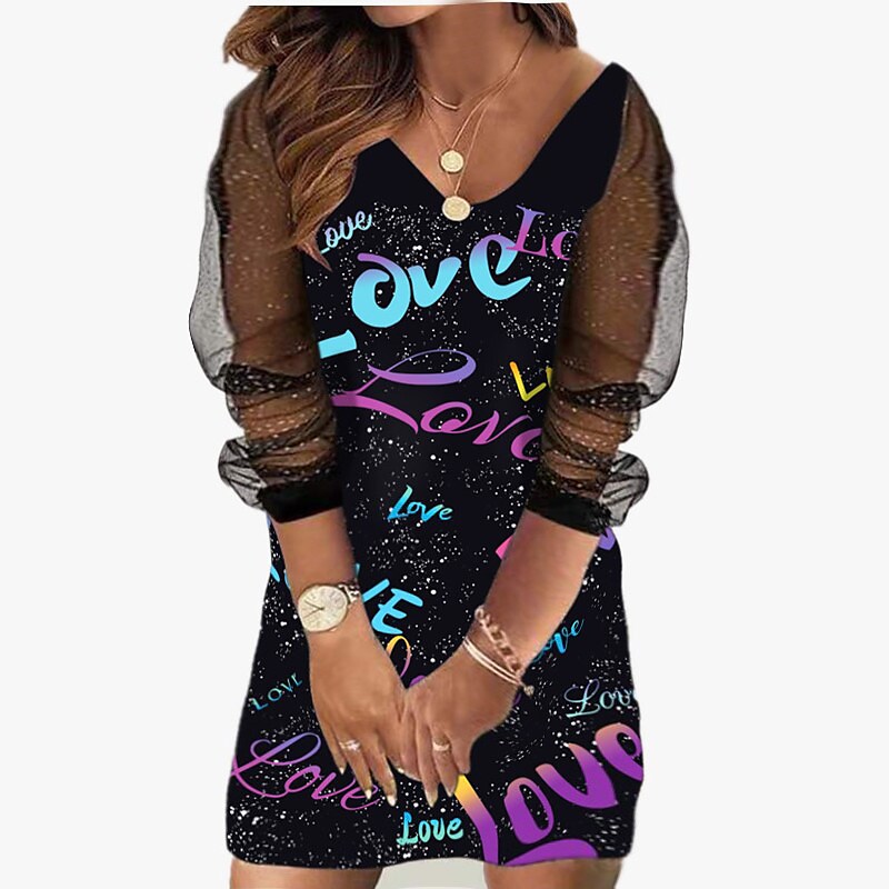 flowersverse Women's Plus Size Holiday Dress Floral V Neck Mesh Long Sleeve Fall Spring Casual Mini Dress Causal Daily Dress / Sheath Dress / Black Dress / Print