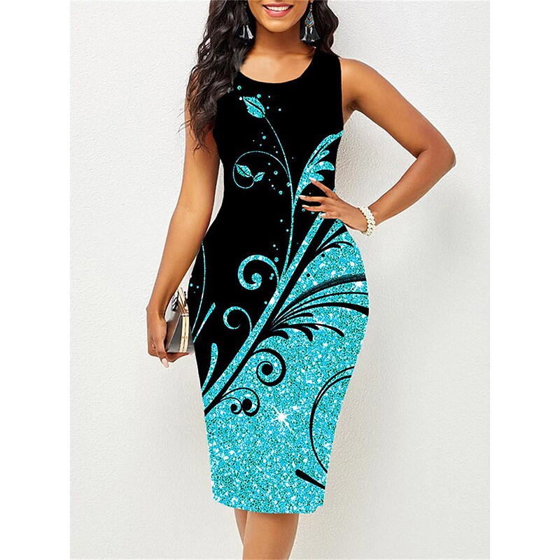 flowersverse Women's Work Dress Sheath Dress Semi Formal Dress Fashion Midi Dress Print Crew Neck Sleeveless Floral Slim Red Blue Sky Blue Spring Summer S M L XL XXL