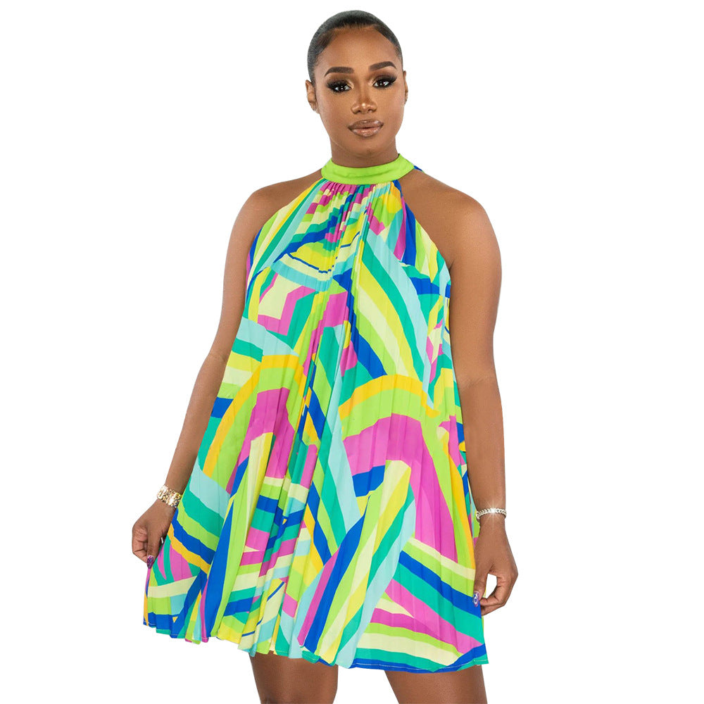 flowersverse Women's Beach Dress Off Shoulder Sleeveless Printed Pleated Dress