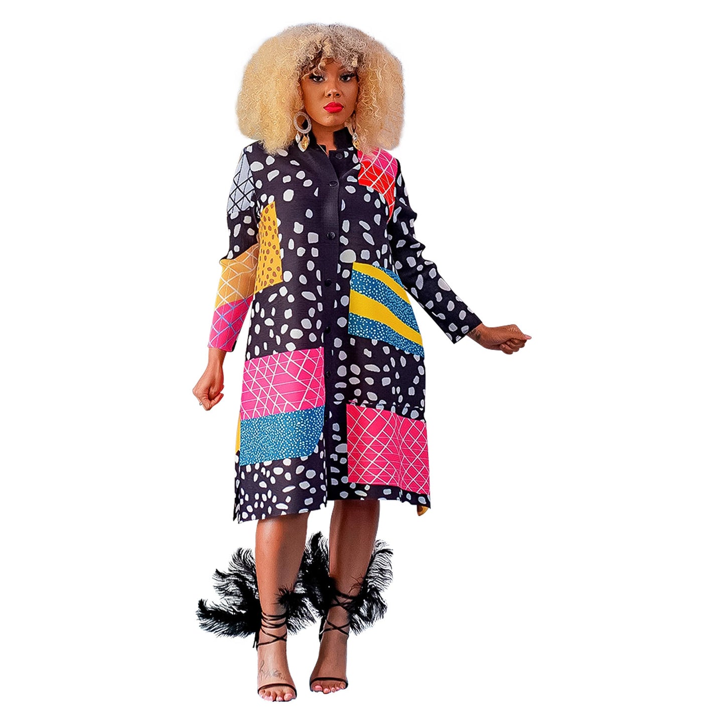 flowersverse Fashion Ladies Printed Long Sleeve Button Up Maxi Dress
