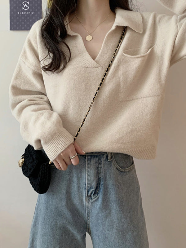 flowersverse Casual Simple 6 Colors V-Neck Long Sleeves Sweater Top