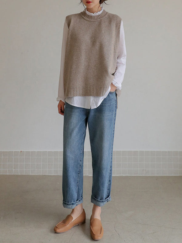 flowersverse Simple Sleeveless Loose Buttoned Solid Color Round-Neck Sweater Vest Outerwear