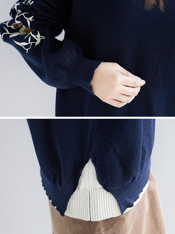 flowersverse Original Embroidere Round-Neck Knitting Sweater