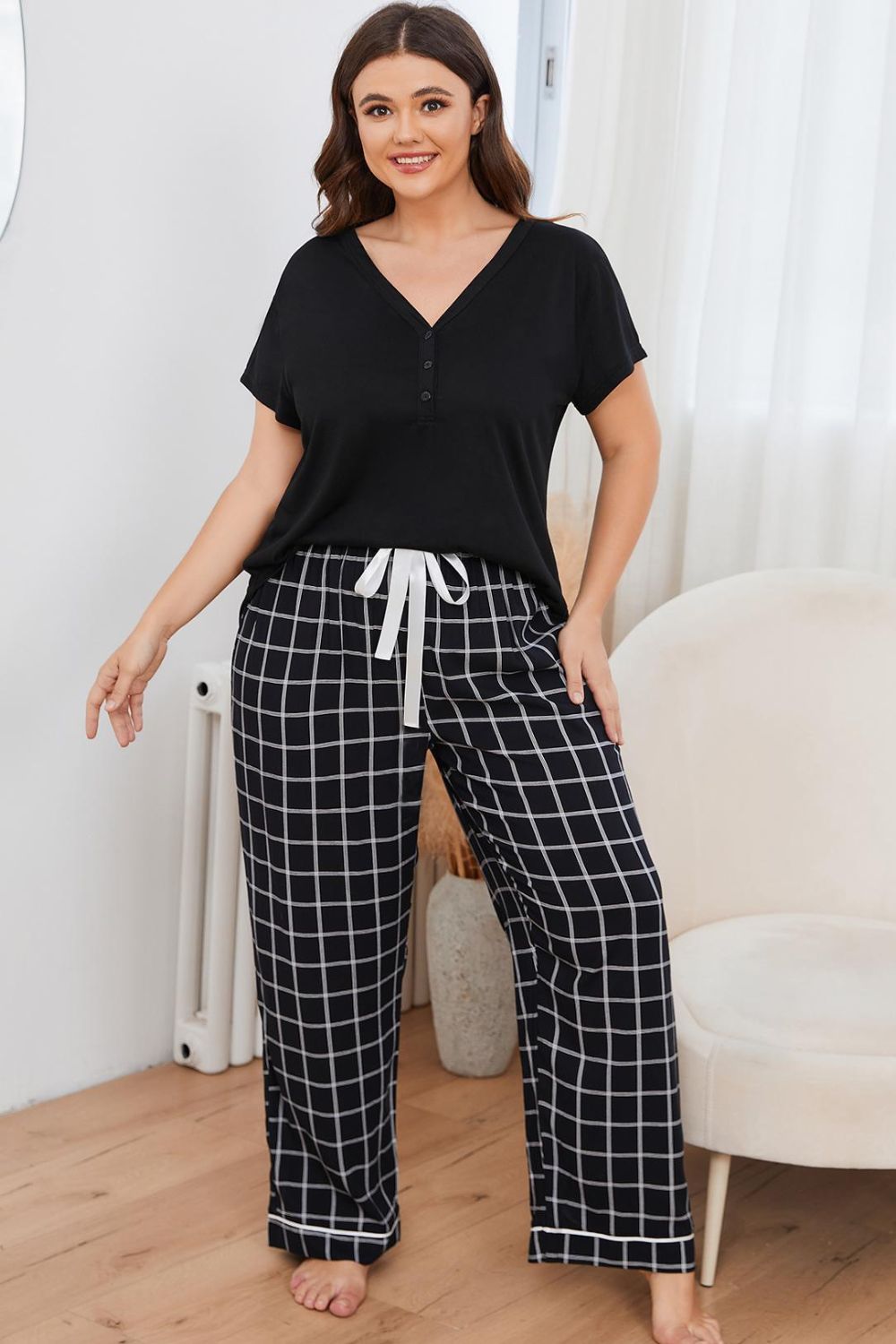 flowersverse Plus Size V-Neck Top and Plaid Pants Lounge Set