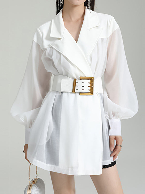 flowersverse See-Through Split-Joint Tied Waist Loose Puff Sleeves Lapel Blouses&Shirts Tops