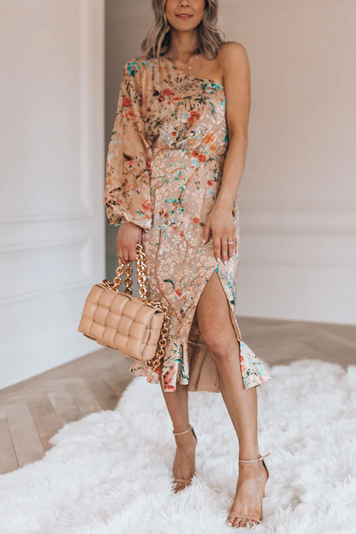 flowersverse Casual Print Patchwork One Shoulder Irregular Dress Dresses
