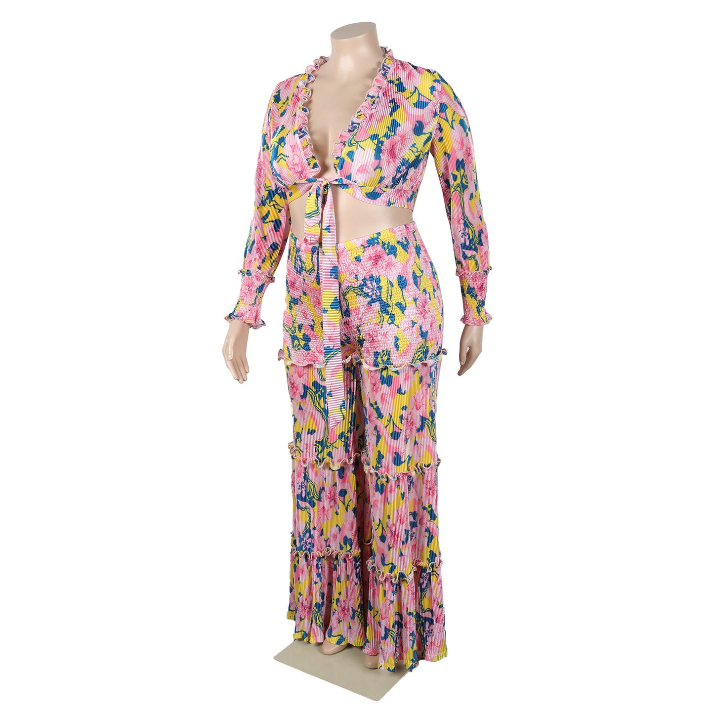 flowersverse Sexy Printed Pleated Long Sleeve Lace-Up Top Wide Leg Pants Plus Size Two-Piece Set