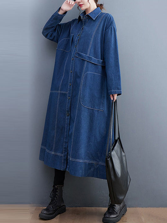 flowersverse Casual Loose Long Sleeves Buttoned Lapel Collar Denim Trench Coats