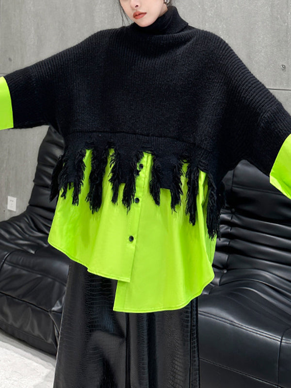 flowersverse Asymmetric Fringed Split-Joint A-Line Long Sleeves High Neck Sweater Tops Pullovers Knitwear