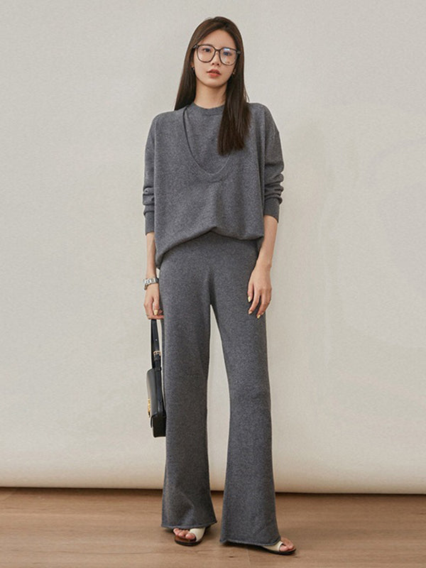 flowersverse Urban Loose Solid Round-Neck Vest Top& V-Neck Sweater Tops& Wide Leg Pants Three-Piece Set