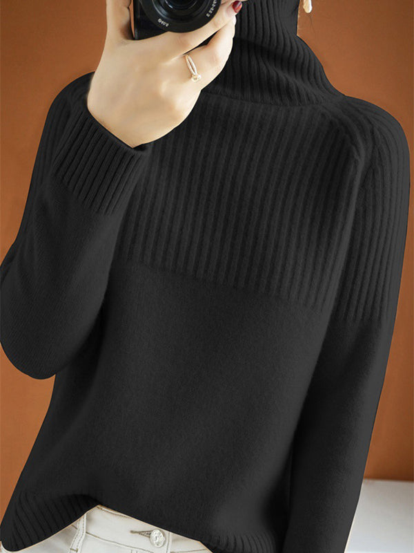 flowersverse Casual Long Sleeves Loose Solid Color High-Neck Sweater Tops