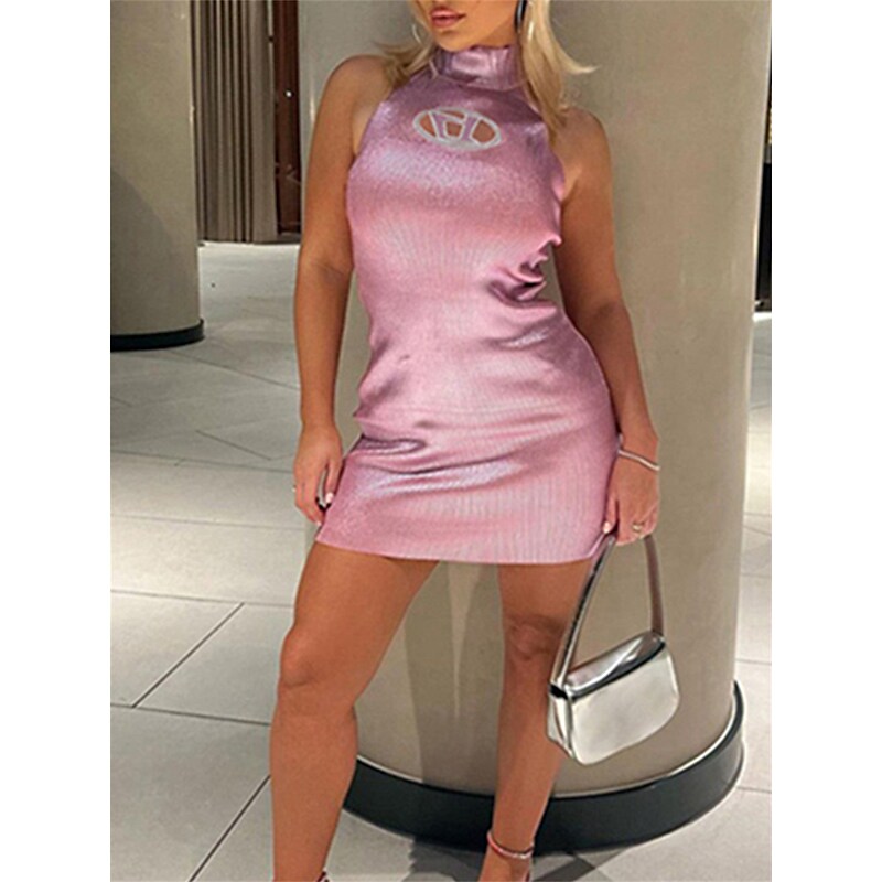 flowersverse Women's Prom Dress Cocktail Dress Bodycon Mini Dress Pink Sleeveless Pure Color Print Summer Spring Fall Stand Collar Fashion Evening Party Slim S M L / Winter