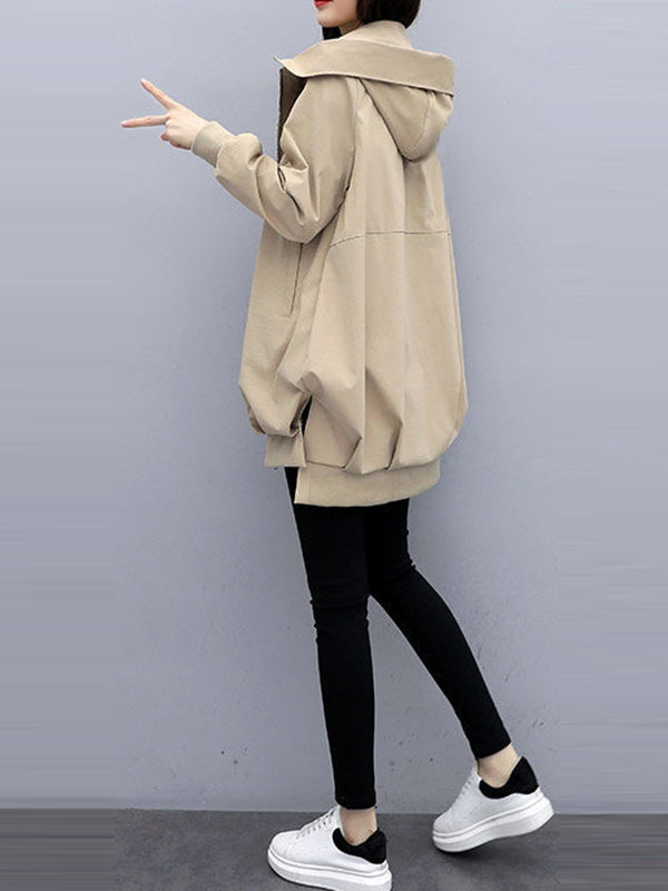flowersverse Casual Loose 4 Colors Pleated Zipper Hooded Long Sleeves Outwear