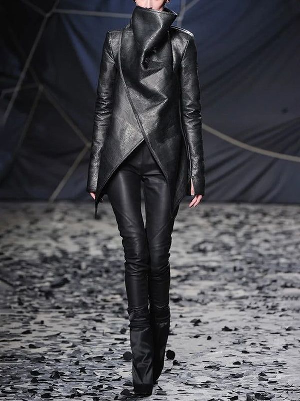 flowersverse Asymmetric Solid Color Long Sleeves Loose High Neck Outerwear PU Jackets