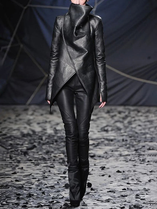 flowersverse Asymmetric Solid Color Long Sleeves Loose High Neck Outerwear PU Jackets