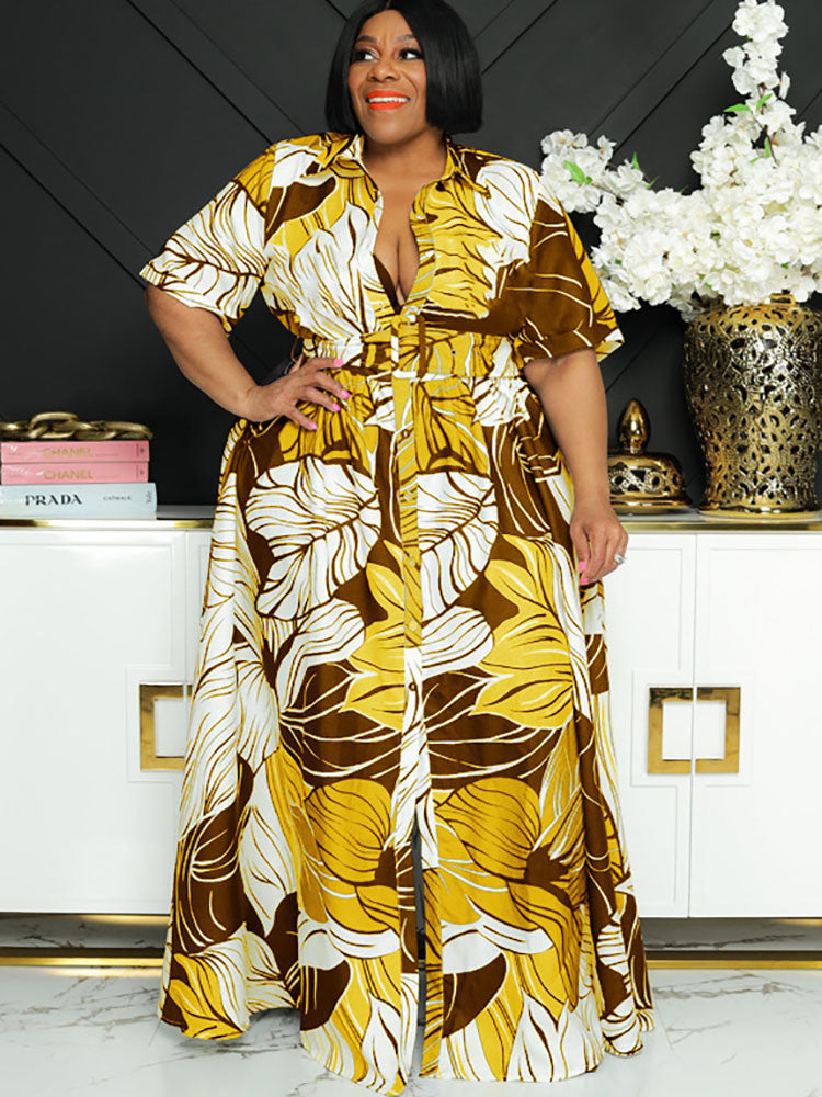 flowersverse Plus Size Short Sleeves Leaf Print Maxi Dresses