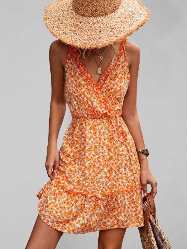 flowersverse V-neck Tie Ruffle Floral Suspender Dress