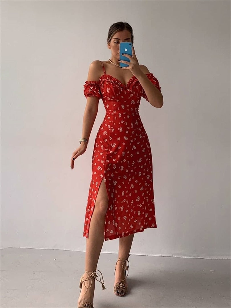 flowersverse Fashionkova Women’S Off Shoulder Frilly Suspender Dress Party Summer Ladies Short Sleeve V-Neck Split Mid-Length Dress Floarl A-Line