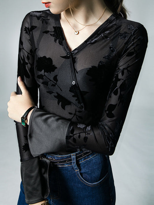 flowersverse Asymmetric Buttoned Flower Print Mesh See-Through Flared Sleeves Long Sleeves V-neck Blouses&shirts Tops