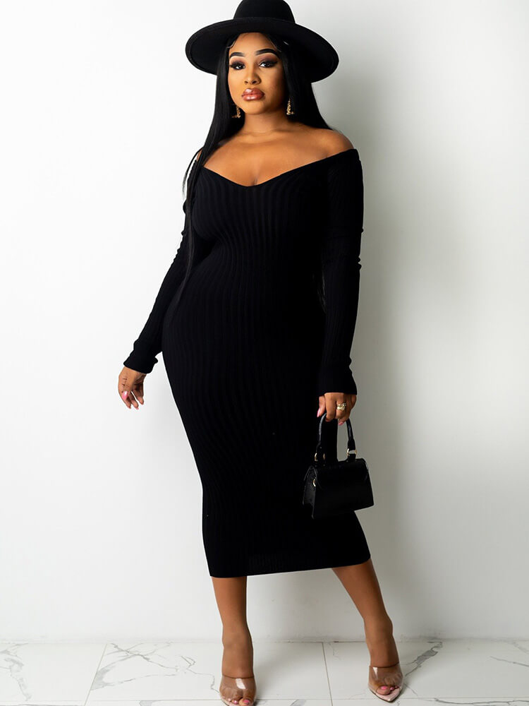 flowersverse Ribbed Knit Solid Color Long Sleeve Bodycon Dresses