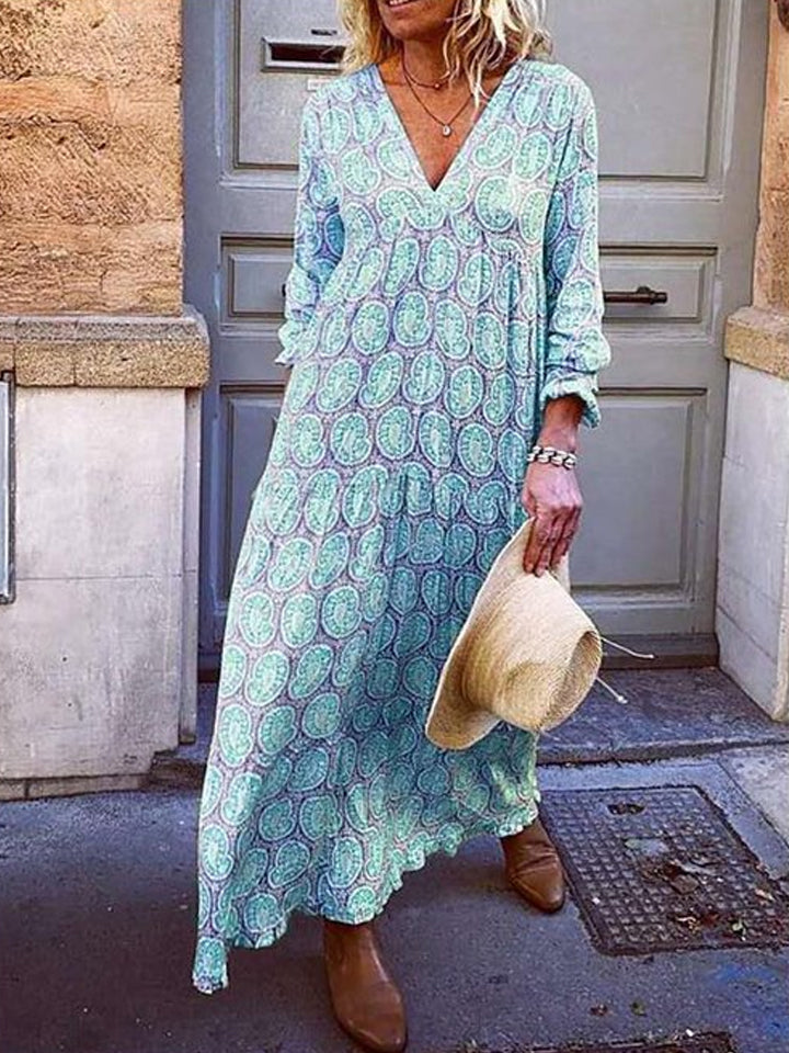 flowersverse Women's A-Line Dress Maxi Long Dress - Long Sleeve Print Patchwork Print Fall Winter Casual Blue Yellow Blushing Pink