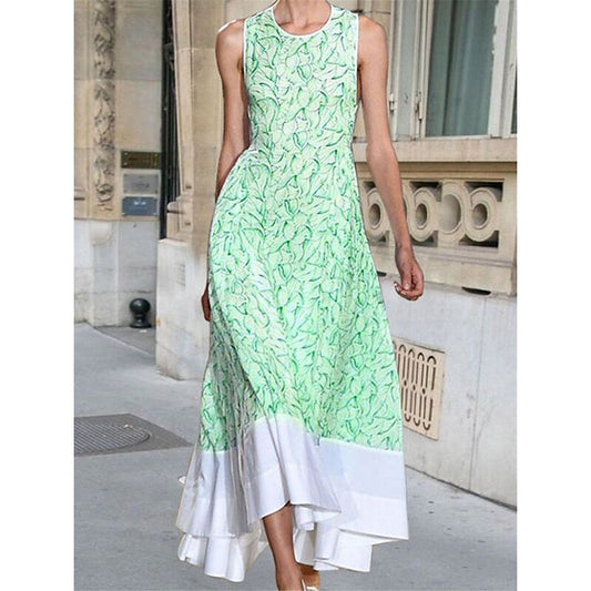 flowersverse Women's Long Dress Maxi Dress Casual Dress A Line Dress Floral Dress Floral Fashion Streetwear Outdoor Daily Weekend Ruched Print Sleeveless Crew Neck Dress Regular Fit Light Green Light Sky Blue
