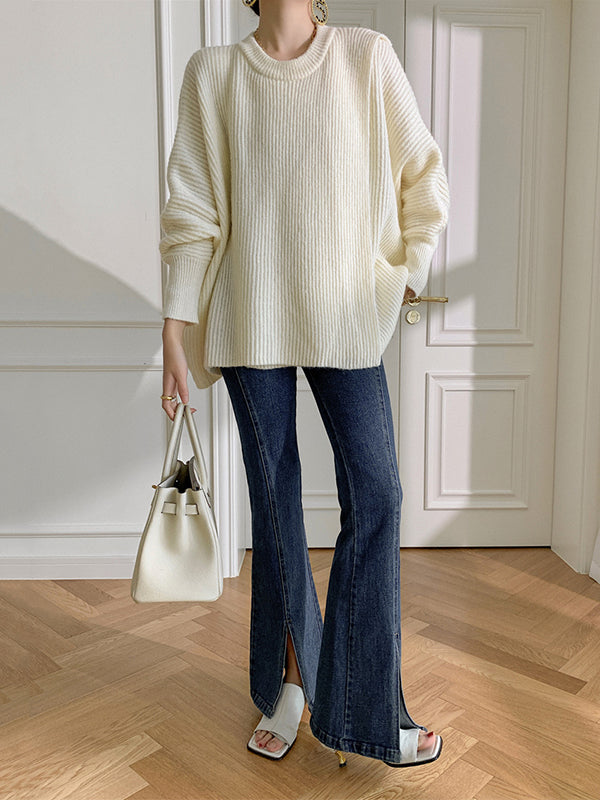 flowersverse Irregularity Loose Solid Color Batwing Sleeves Round-Neck Sweater Tops