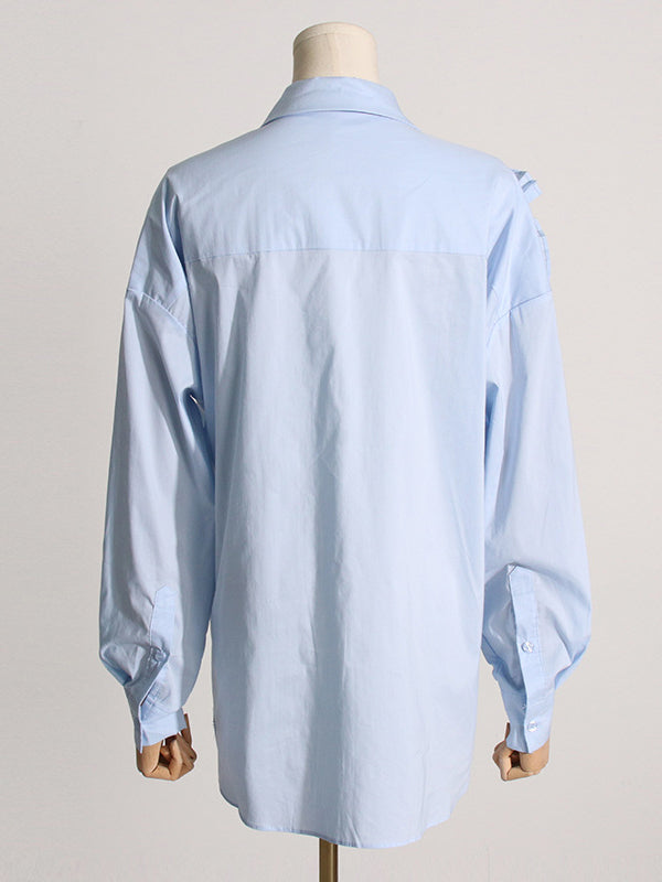 flowersverse Asymmetric Buttoned Pleated Solid Color Split-Joint Three-Dimensional Flower Long Sleeves Loose Lapel Blouses&Shirts Tops