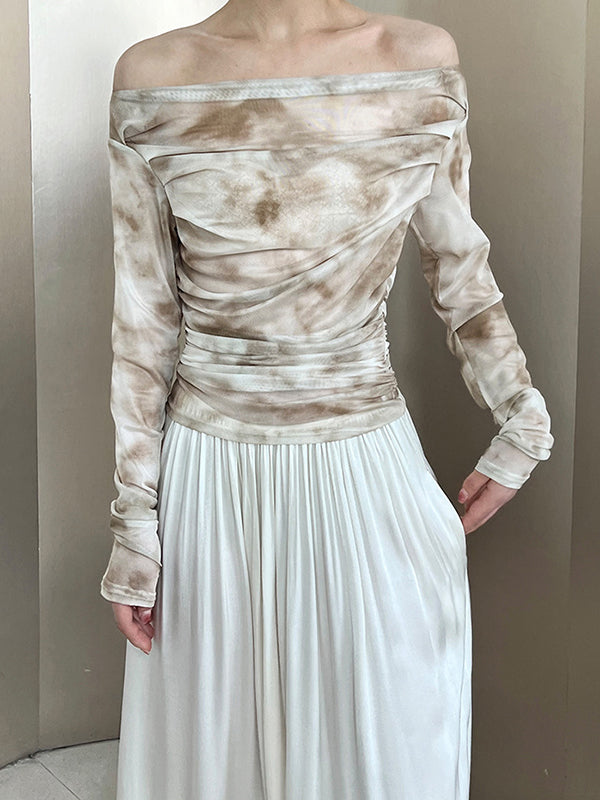 flowersverse Gauze Pleated Split-Joint Tie-Dyed Skinny Sun-Protection Off-The-Shoulder Blouses&Shirts Tops
