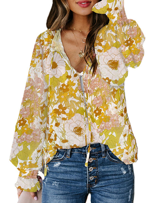 flowersverse Buttoned Elasticity Flower Print Hollow Tied Flared Sleeves Long Sleeves V-Neck Blouses&Shirts Tops