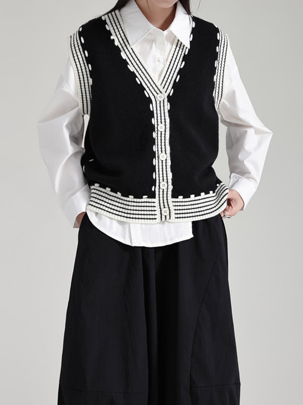 flowersverse Buttoned Contrast Color Loose Sleeveless V-Neck Vest Outerwear