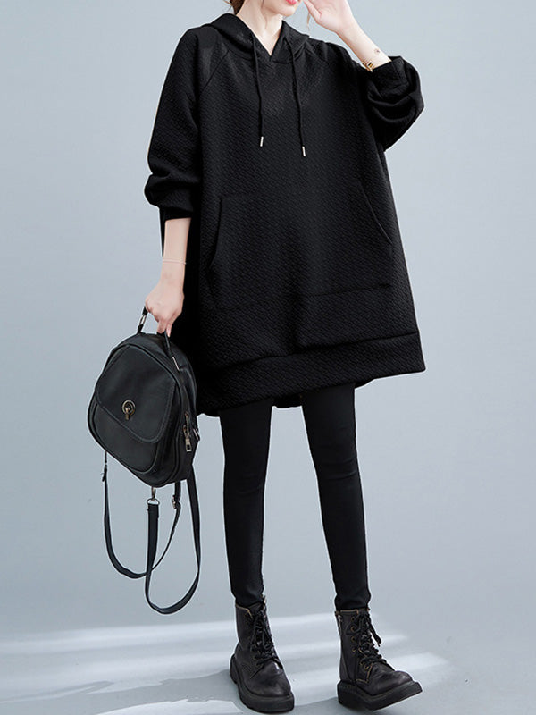 flowersverse Buttoned Drawstring Pockets Solid Color Split-side High-low Long Sleeves Hooded Hoodies Tops