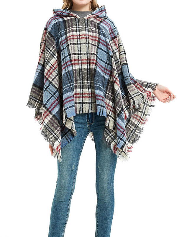 flowersverse Fringed Hooded Keep Warm Plaid Shawl&Cloak Cape
