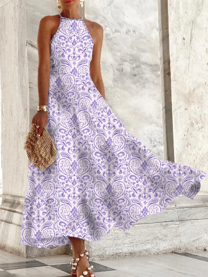 flowersverse Jersey Boho Ethnic Hanging Neck Collar Maxi Dress