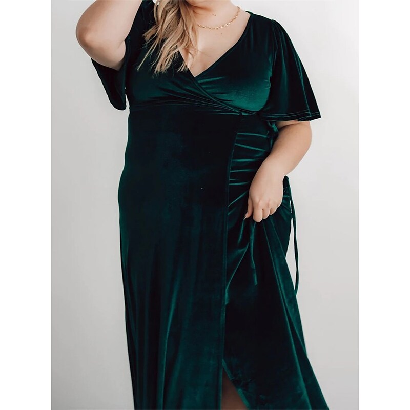 flowersverse Women‘s Plus Size Easter Dress Short Sleeve Lace up Velvet Dress Work Dress Wrap Dress Solid Color Long Dress Maxi Dress Split V Neck Fashion Outdoor Dark Green Spring Dress